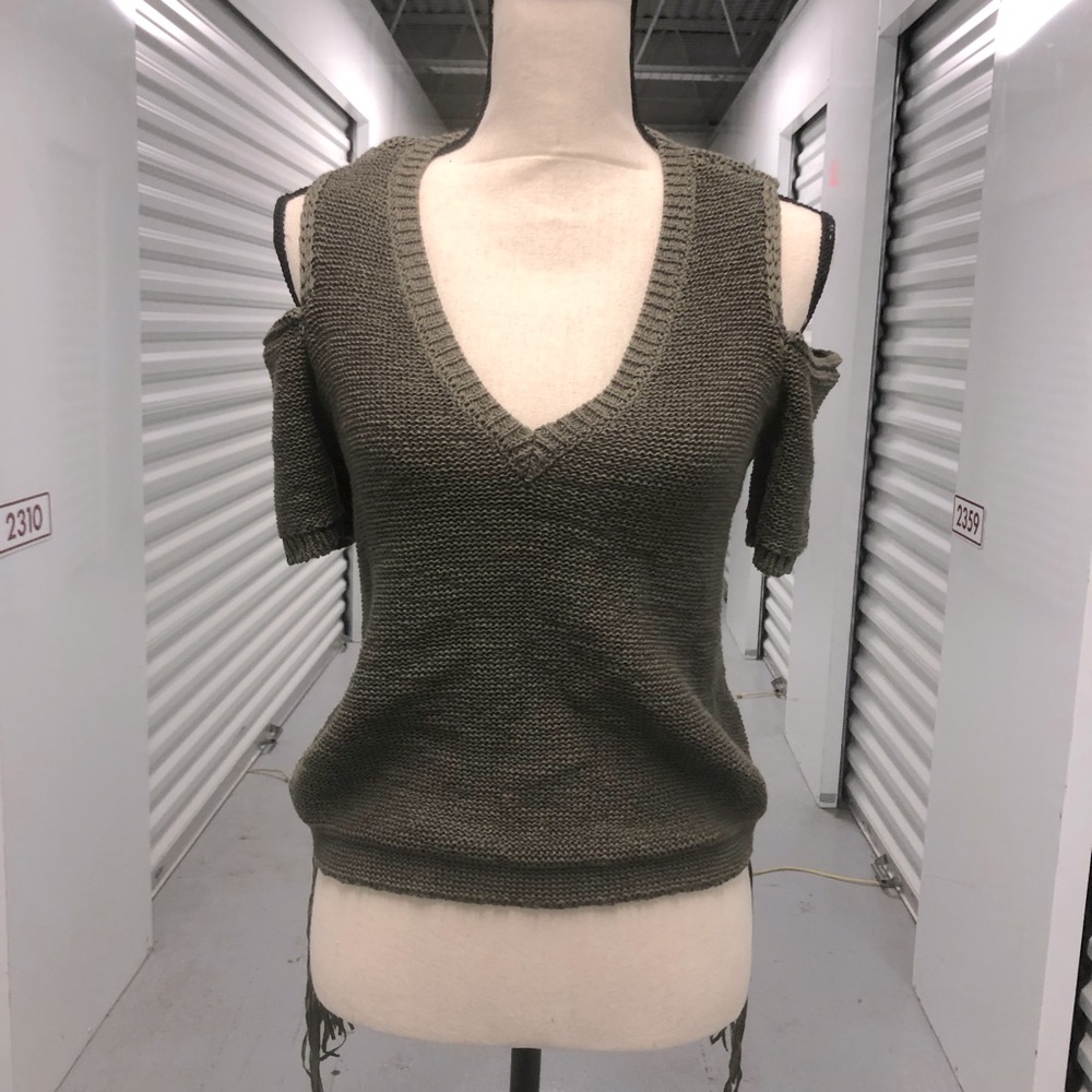 BCBG Maxazria V-neck, Fringed Knitted Sweater, Size Small